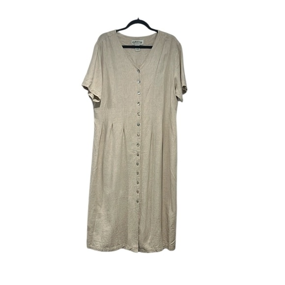 Orvis tan v neck shell button down linen blend short sleeve maxi dress size 18 - Picture 1 of 7